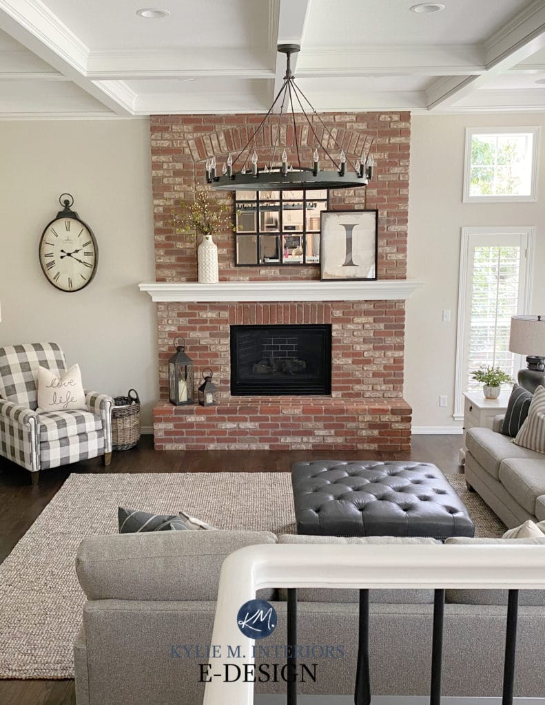 Family or living room, dark wood floor, pink or red brick fireplace. Walls Benjamin Moore Edgecomb Gray, White dove, home decor. Kylie M Edesign, diy online paint color consultant