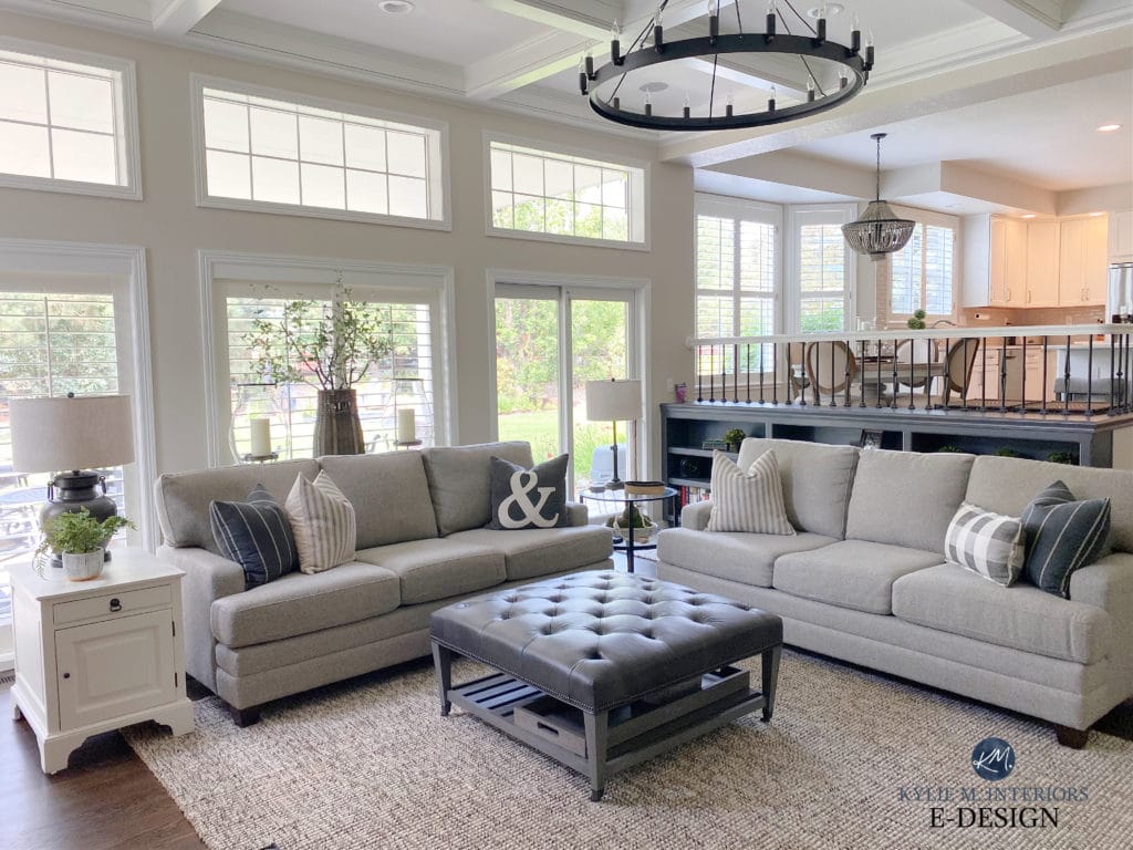 Family room in split level layout, greige furniture, greige walls and White Dove trim. Kylie M Interiors Edesign, diy decorating and design blogger, consultant