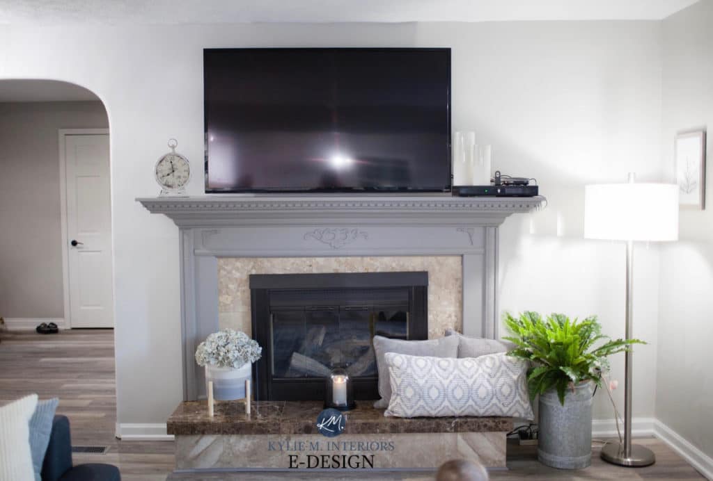 Fireplace with beige tile, Repose Gray walls, Sherwin Williams Dovetail painted mantel. Kylie M Interiors Edesign, diy blogger and advice. Client photo