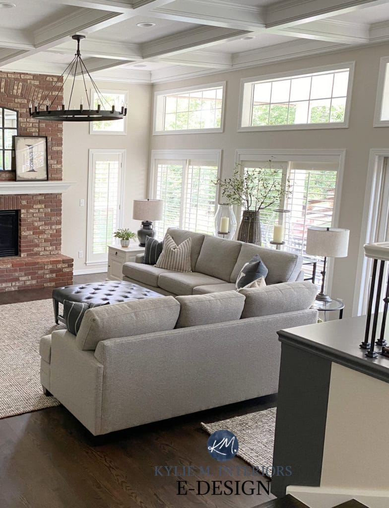 Living or family room, pink red brick fireplace, greige walls, Edgecomb, White Dove, greige sofas. Kylie M Interiors Edesign, online consultant