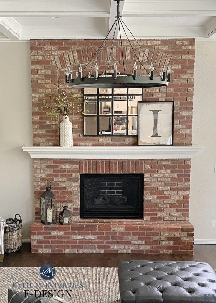 Pink or red brick fireplace, white mantel, chandelier, update ideas. Kylie M Interiors Edesign, diy blogger and online paint color consultant