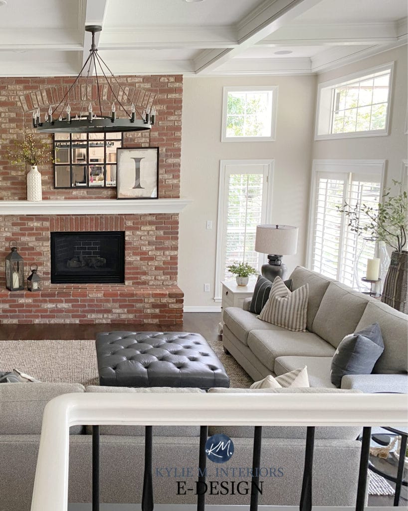 Red or pink brick fireplace, Benjamin Moore greige on walls and White Dove trim. Diy decorating and update ideas. Kylie M Interiors Edesign.