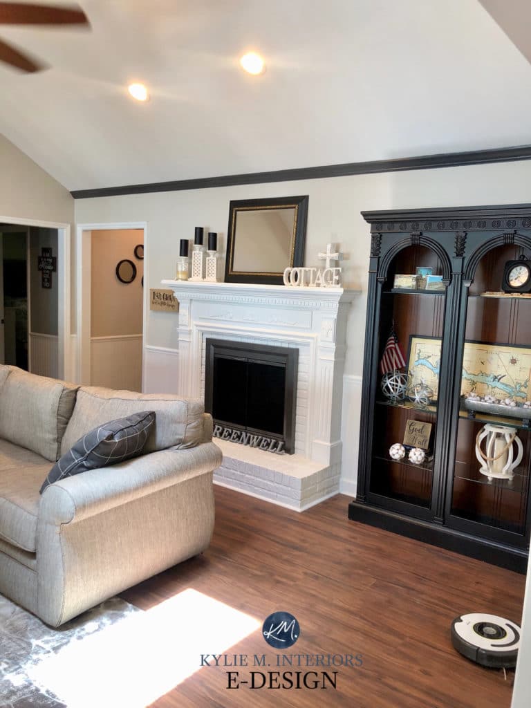 Sherwin Williams Modern Gray, painted white brick fireplace. Best warm gray paint colour. Kylie M Interiors Edesign, online paint color consulting advice