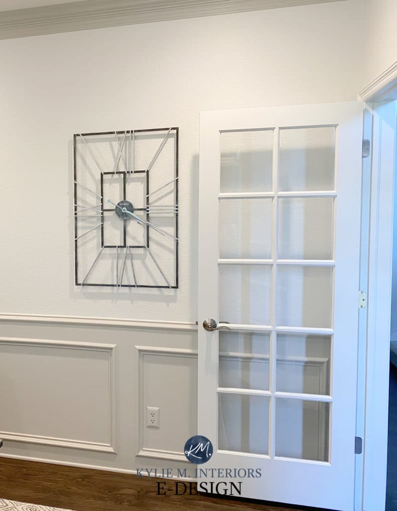 Wainscoting painted Benjamin Moore Revere Pewter, White Dove walls and door. Kylie M Interiors Edesign, painted gray trim. DIY DECOR AND DESIGN IDEAS