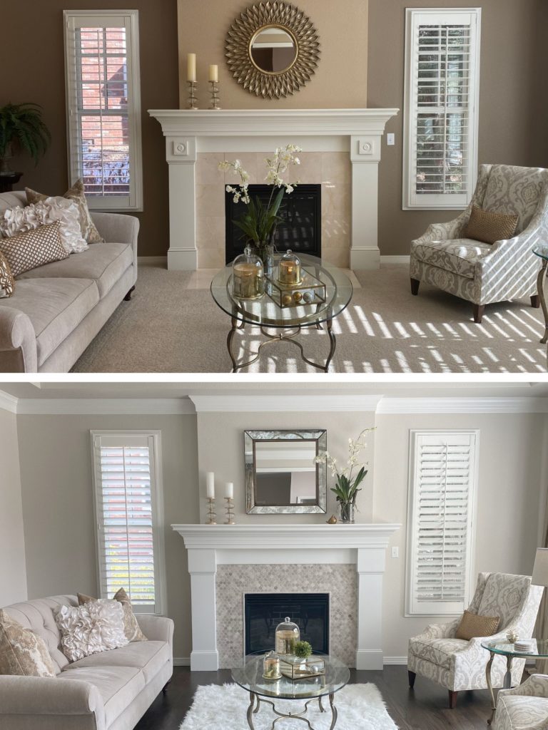 before and after fireplace makeover, travertine tile, Edgecomb Gray, living room. Kylie M Interiors Edesign