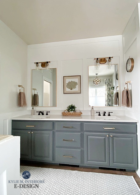 Bathroom wood vanity painted Sherwin Williams Grizzle Gray, wall paint colour Aesthetic White. Bathroom update ideas