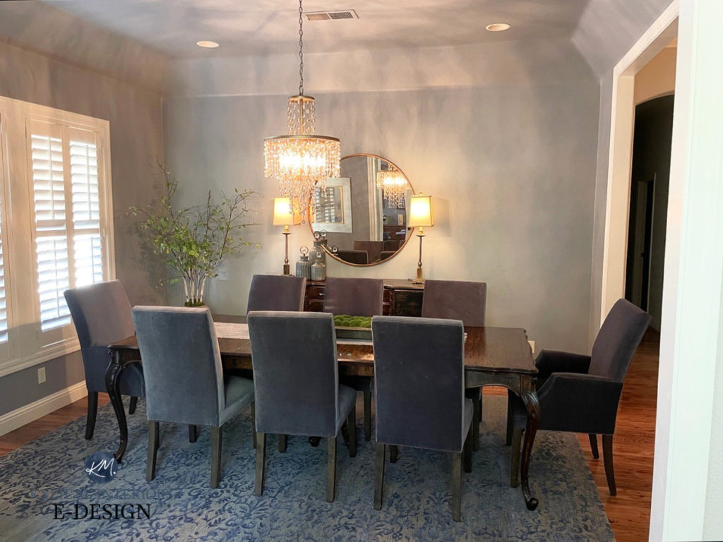Dining room with gray paint colour on the walls and sloped, cove style ceiling. Benjamin Moore Storm, Kylie M Interiors Edesign