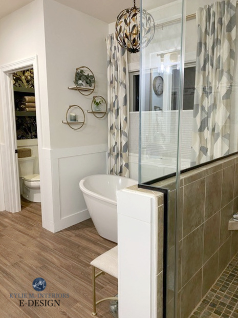 Sherwin Williams Aesthetic White and Simply White, bathroom with wood look tile floor, freestanding tub