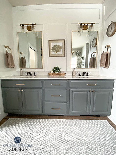 Sherwin Williams Aesthetic White painted wood vanity, white quartz countertop, Aesthetic White off white beige paint colour on walls