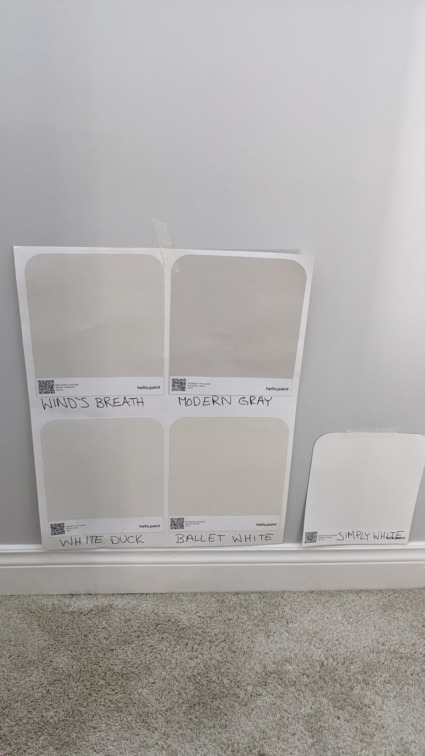 Benjamin Moore Winds Breath, Ballet White, Sherwin Williams Modern Gray and White Duck, comparing popular warm off white paint colours. SAMPLIZE and Kylie M.