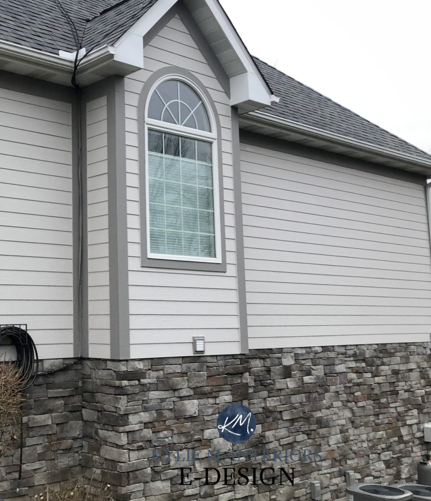 Exterior siding in greige, warm gray Sherwin Williams Agreeable Gray, Acier trim with stone and gray roof. Kylie M Interiors Edesign, diy decorating ideas (2)