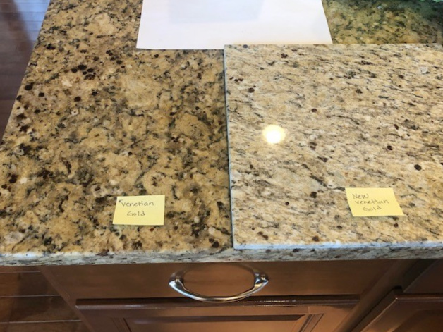 Granite countertops, New Venetian Gold and regular Venetian Gold, warm countertops and update ideas for them. Kylie M Interiors Edesign