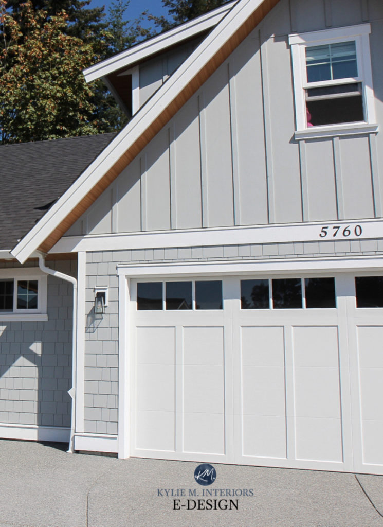Hardie Light Mist grey siding, board and batten, shakes, High Reflective White exterior trim. Kylie M Interiors Edesign, diy update blogger and consultant
