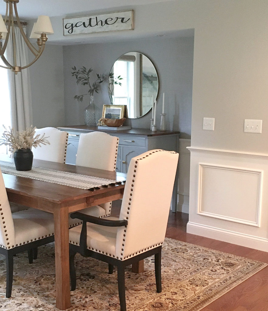 Sherwin Williams Aloof Gray in dining room with white wainscoting, client photo for Kylie M INteriors Edesign, diy update ideas