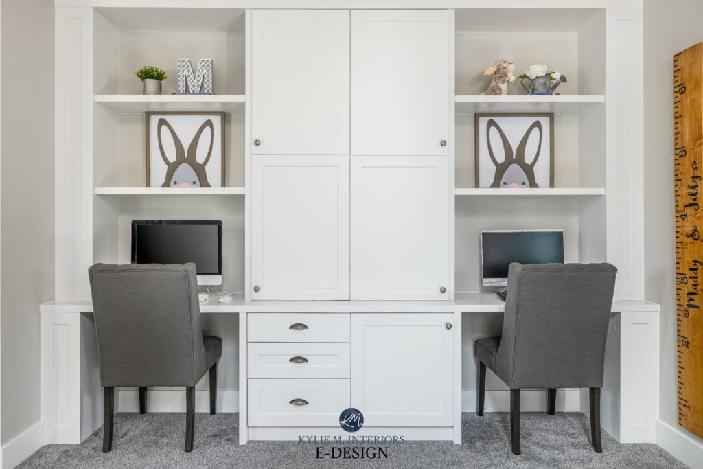 Home office or study for kids, white built-ins and desk, Benjamin Moore Stoington Gray walls. 2 people can sit