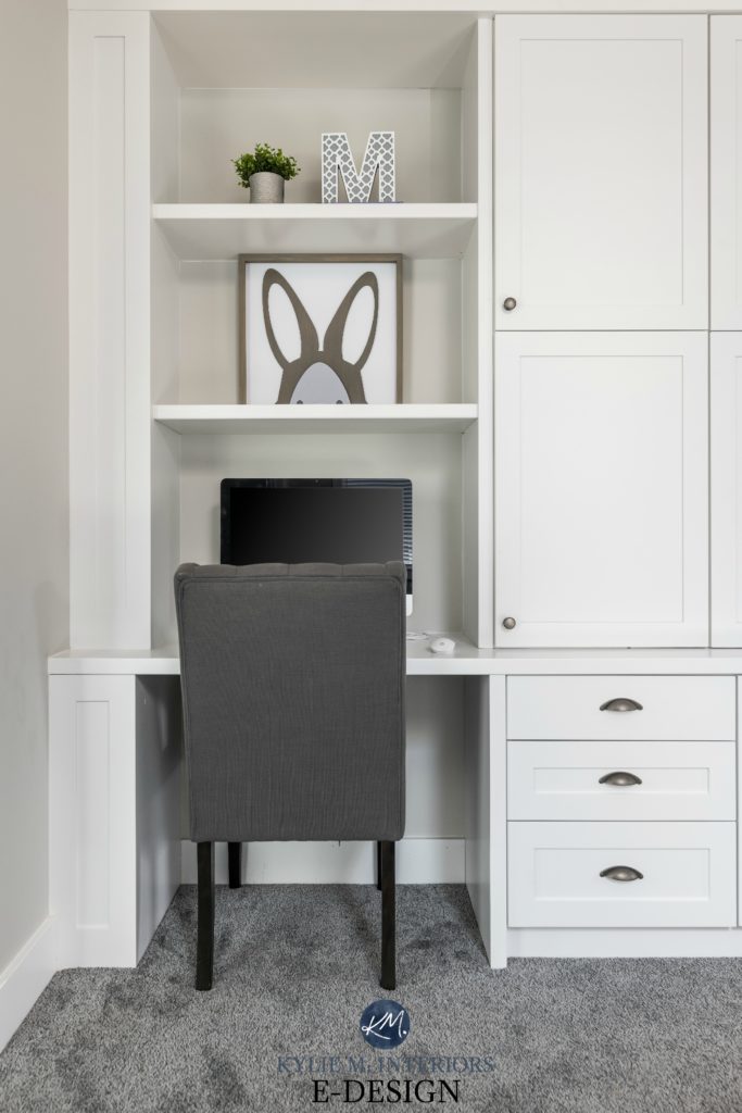 Study or homework office desk nook for kids with white cabinets and shelves with gray chair and carpet. Kylie M Interiors Edesign, online paint colour consulting advice