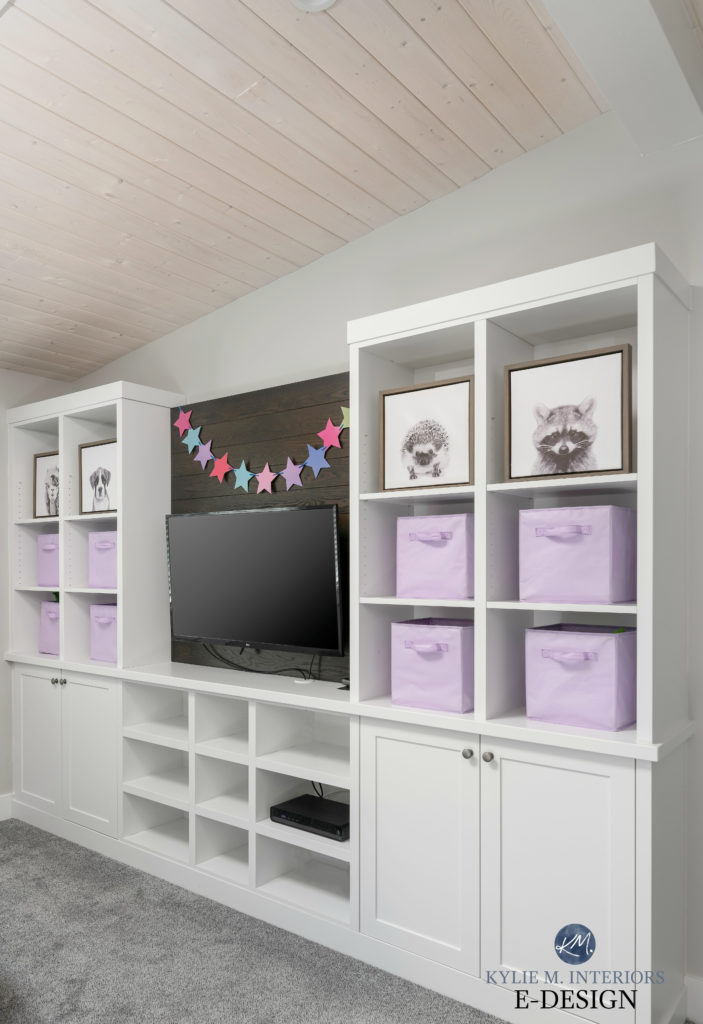 Whitewash wood shiplap ceiling, built ins, High Reflective White, Stonington gray. Kids toy storage in playroom, gray carpet. Kylie M Interiors edesign