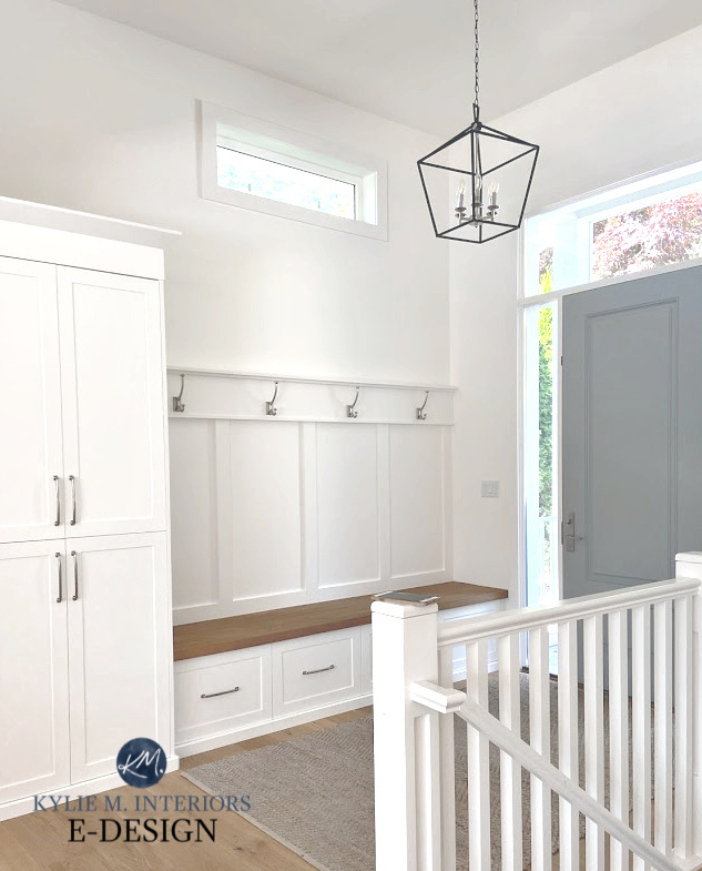 Do trim, cabinets, walls be same white. Entryway foyer, white oak flooring, gray blue painted front door. Benjamin Moore Super White. Kylie M Edesign (2)