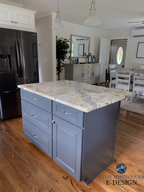 Maple kitchen island cabinets painted Benjamin Moore Cheating Heart with older style granite countertop, red oak flooring. Kylie M Interiors Edesign, diy update ideas