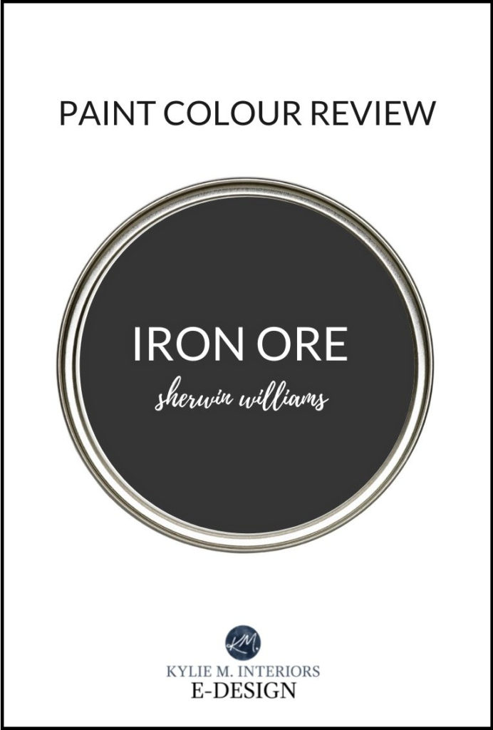 Paint review of Sherwin Williams Iron Ore, soft black paint colour, best for exteriors, trim, feature walls, cabinets, front doors and more. Kylie M Interiors Edesign.