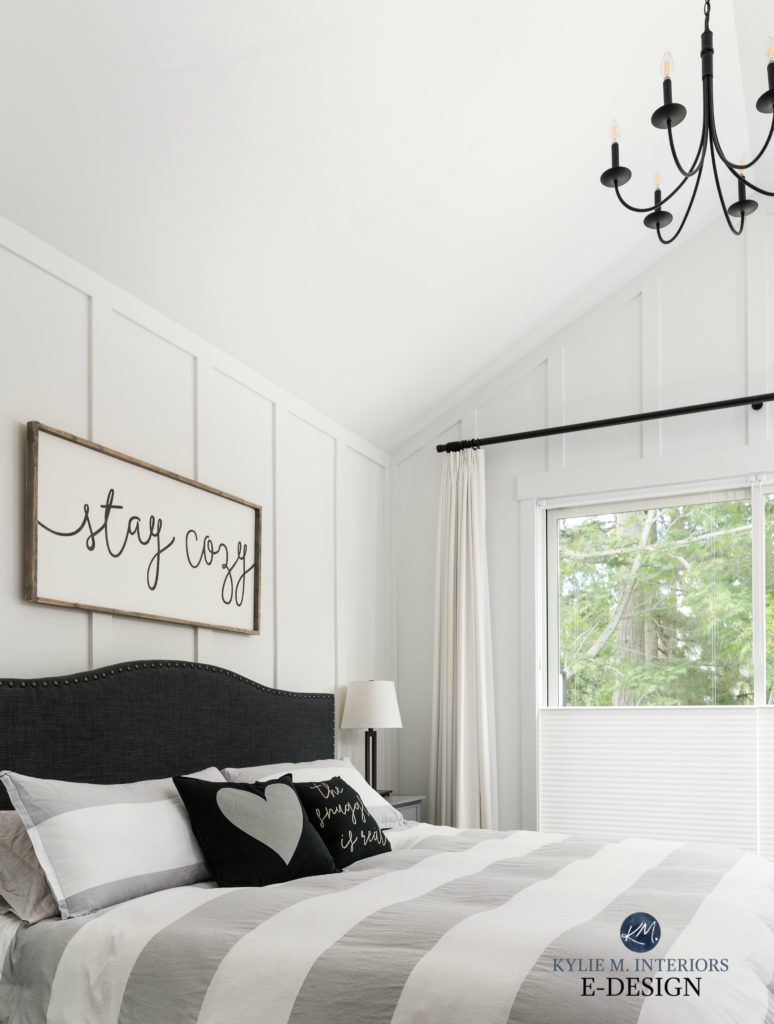 Primary Bedroom, white, black, gray colour scheme, white board and batten paint color, vaulted ceiling, cellular blinds Kylie M Interiors Edesign, online paint color advice blog