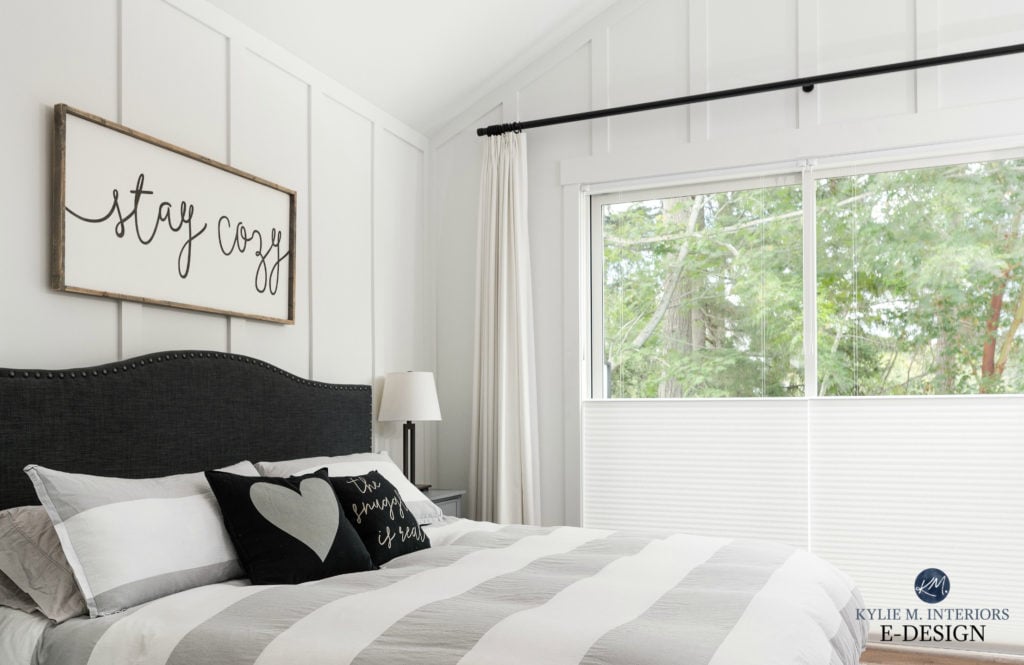 Primary bedroom, gray, white and black palette, white board and batten, Sherwin Williams High Reflective White. Kylie M Interiors Edesign, vaulted ceiling