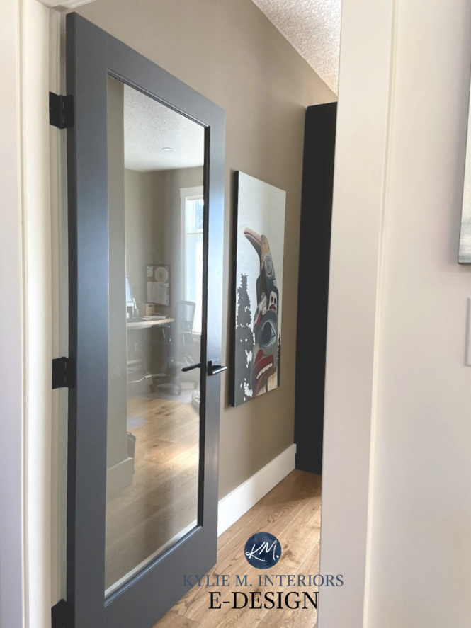 Benjamin Moore Cheating Heart painted glass door, White Dove walls and Benjamin Moore Smoky Ash brown . Kylie M Interiors Edesign, home office.