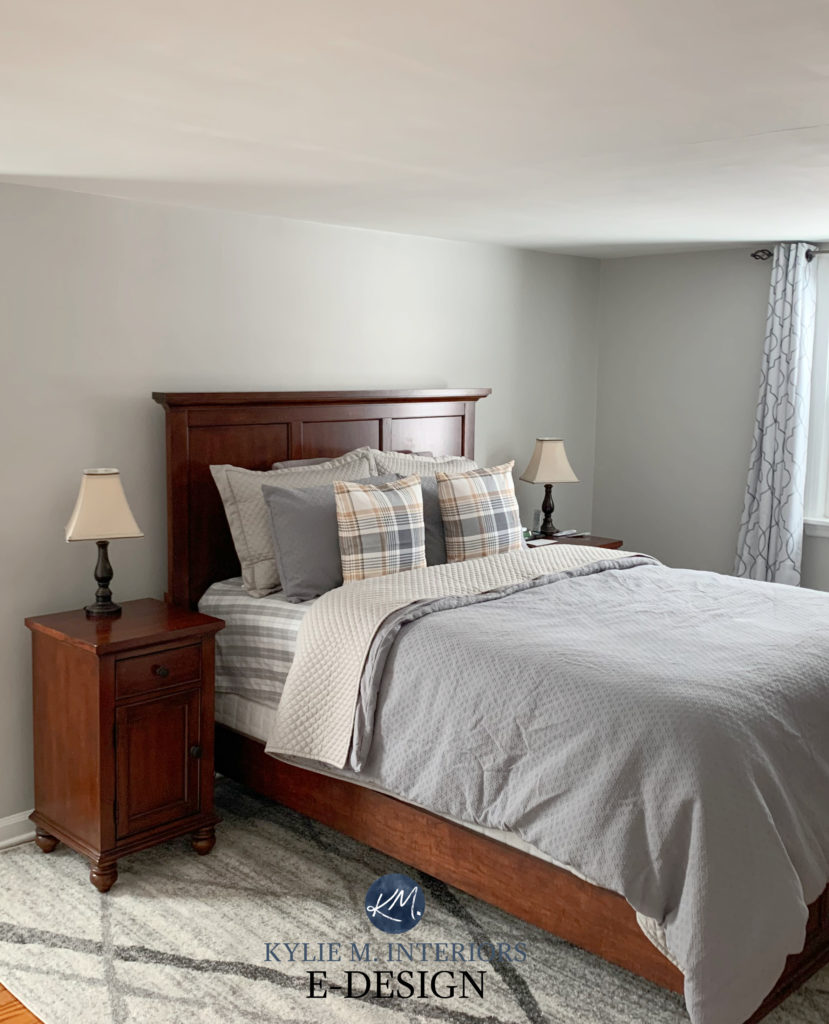 Benjamin Moore Silver Chain, best gray paint colour. Red cherry furniture wood. Kylie M Interiors Edesign, online paint color consultant. Low ceiling bedroom