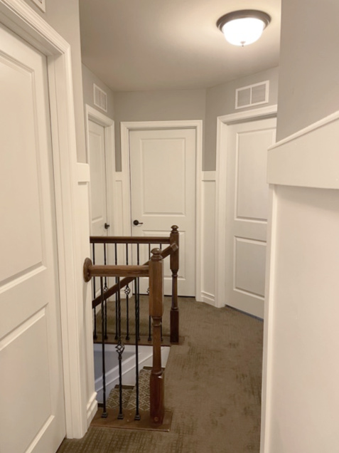 Dark hallway with beige carpet, Mega Greige walls with warm white wainscoting, Client before photo
