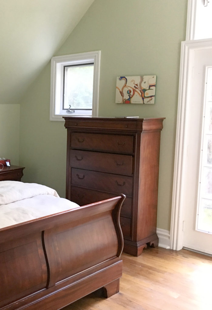 Green paint colour similar to Benjamin Moore Fernwood Green, dark red cherry bedroom furniture. Kylie M Interiors CLIENT BEFORE PHOTO (2)
