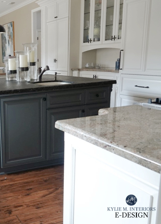 Kitchen with granite countertops, black and taupe, Sherwin Williams Grizzle Gray island and red oak floor. Kylie M Interiors Edesign
