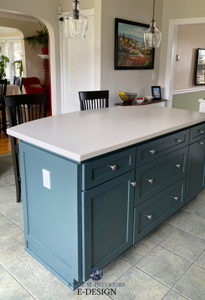 Maple wood kitchen island painted dark teal green, Benjamin Moore Dark Pewter, tile with green and beige, off-white countertops. Kylie M Interiors Edesign and update ideas