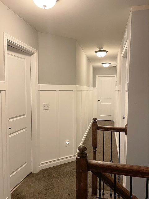 Mega Greige with warm white wainscoting and carpet in dark hallway. Client photo.