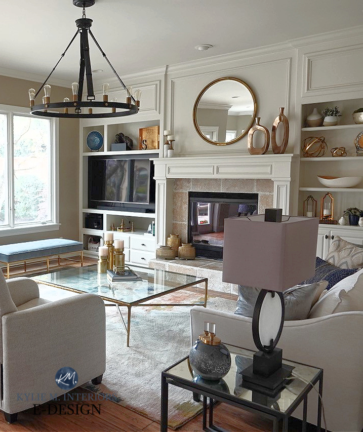 Painted fireplace mantel, built-ins, Sherwin Williams Tony Taupe, Aesthetic White. Kylie M Interiors Edesign, family room