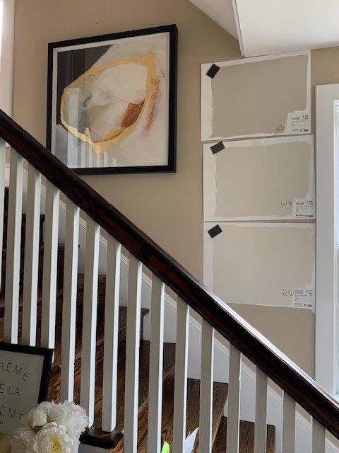 Sherwin Williams Accessible Beige, Benjamin Moore Winds Breath and Ballet wall paint colours. Kylie M Interiors Edesign