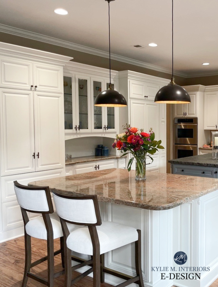 Sherwin Williams Aesthetic White painted kitchen cabinets off white, warm taupe granite countertop. Kylie M Interiors Edesign