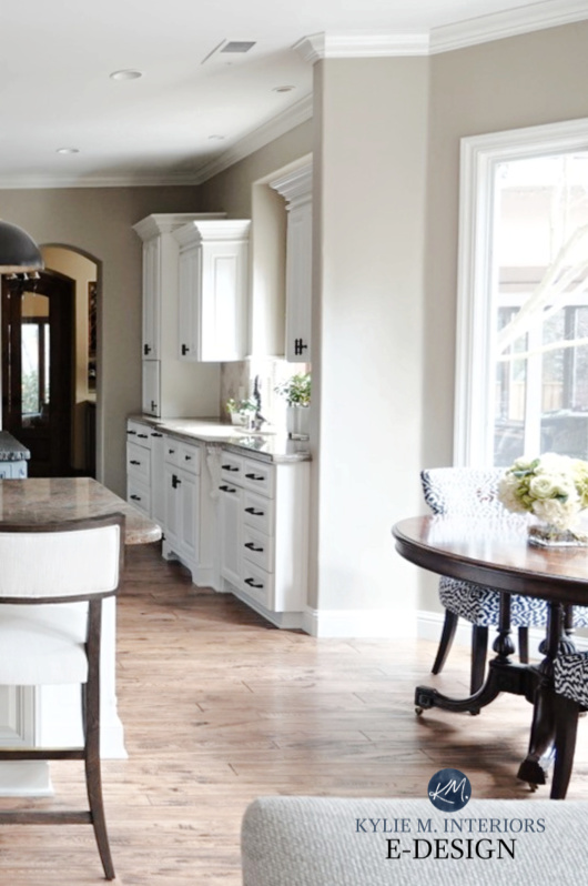 Sherwin Williams Tony Taupe with red oak floor, Aesthetic White cabinets. Kylie M Interiors Edesign, diy update ideas