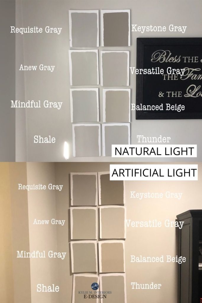 Sherwin Williams best warm gray taupe paint colours, Anew Gray, Balanced Beige, Versatile Gray, Requisite Gray, difference between paint colors for walls. Kylie M Interiors Edesign
