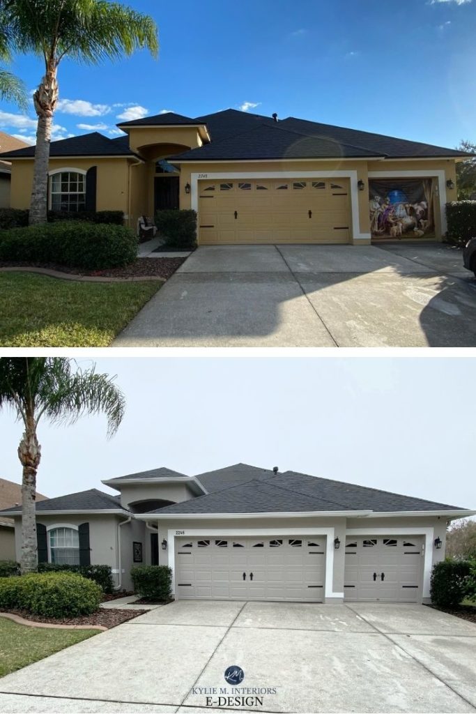 before after exterior stucco remodel, rancher, yellow, garage, trim warm gray taupe paint colour, concrete driveway. Kylie m Interiors Edesign