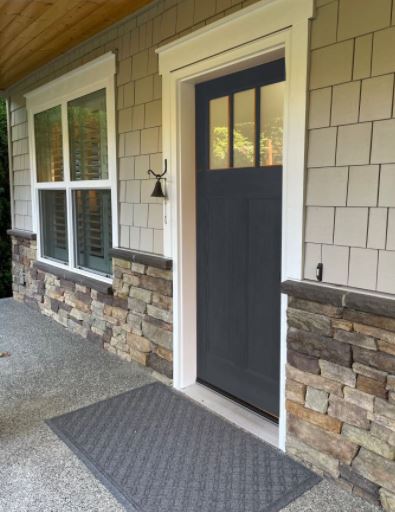 Anew Gray painted siding, stone exterior, Sherwin Williams Cyberspace front door. Kylie M Interiors Edesign, diy consultant
