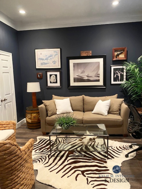 Benjamin Moore Hale Navy in small den office with zebra rug, beige tan sofa and gallery wall. Kylie M Interiors Edesign, diy update ideas