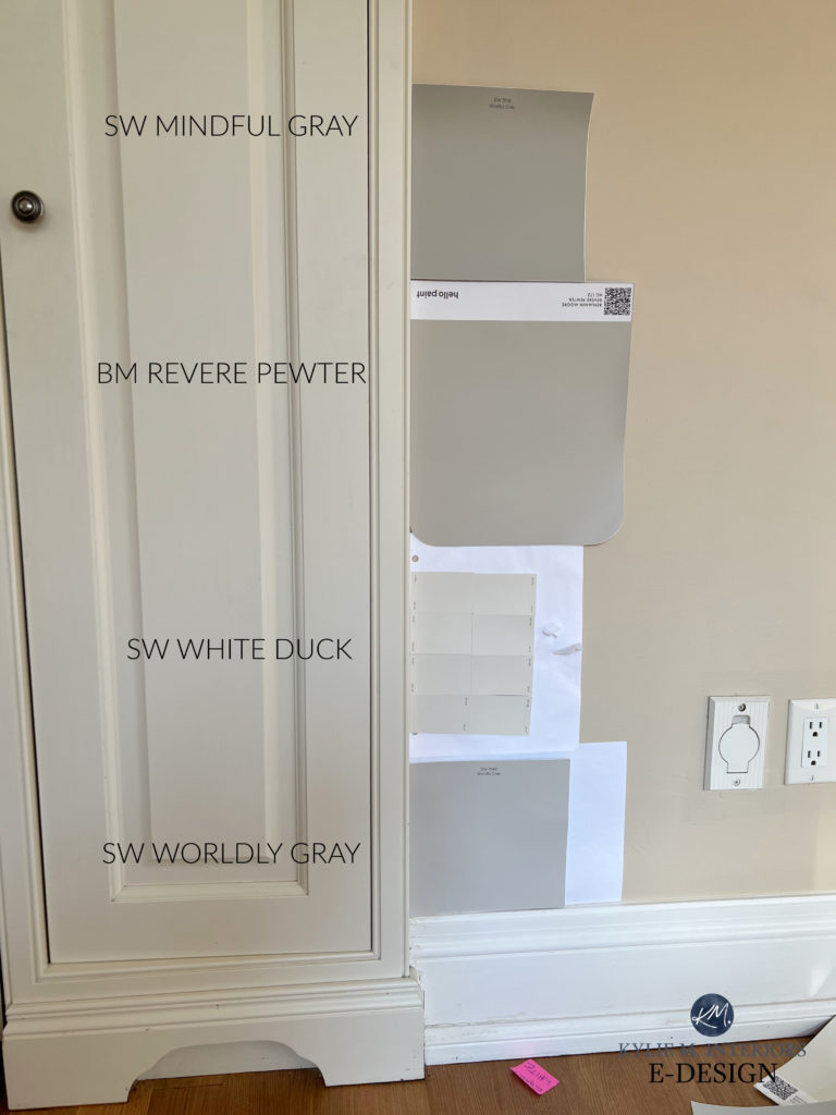 Cream cabinets, warm off white cream trim with Sherwin Williams Mindful Gray, Worldly Gray, White Duck, wall paint colour ideas. Benjamin REvere Pewter. Kylie M Interiors advice and decorating blog