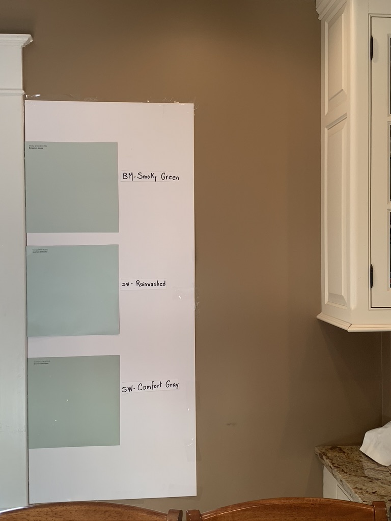Difference between blue green gray paint colours, Sherwin Williams Rainwashed, Smoky Green, Comfort Gray against soft white trim. Kylie M Interiors Edesign