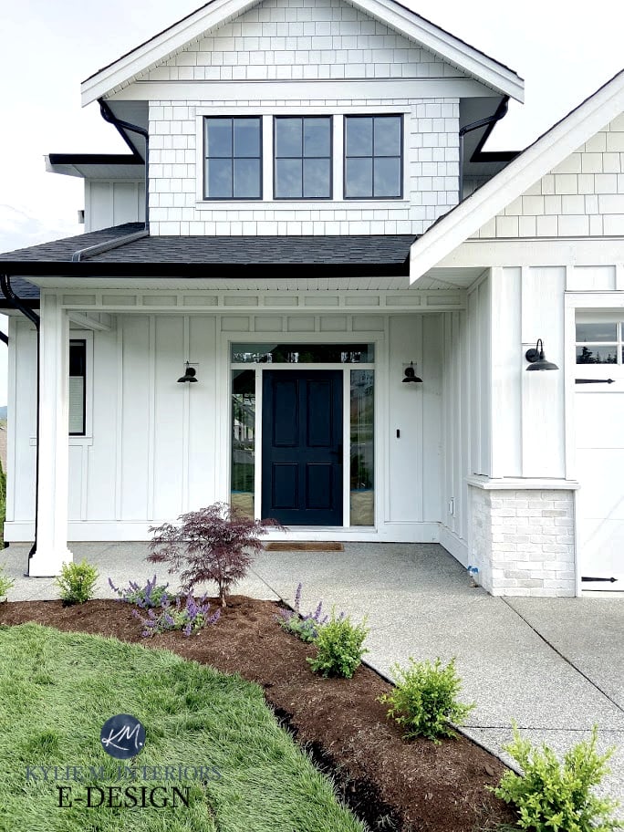 James Hardie siding, Arctic White board and batten, gray white wash brick exterior, black dark gray roof. Front door. Kylie M Interiors Edesign