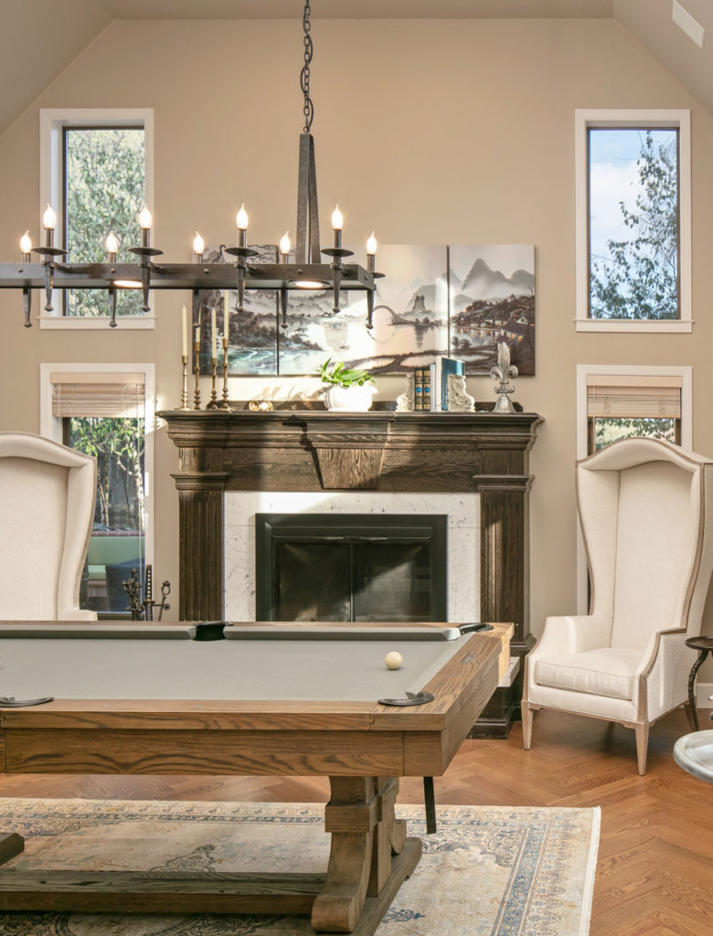 Pool table in family room, fireplace, Benjamin Moore Stone Hearth and White Dove. Manly room. PHoto by Rick Pharoah. Client photo