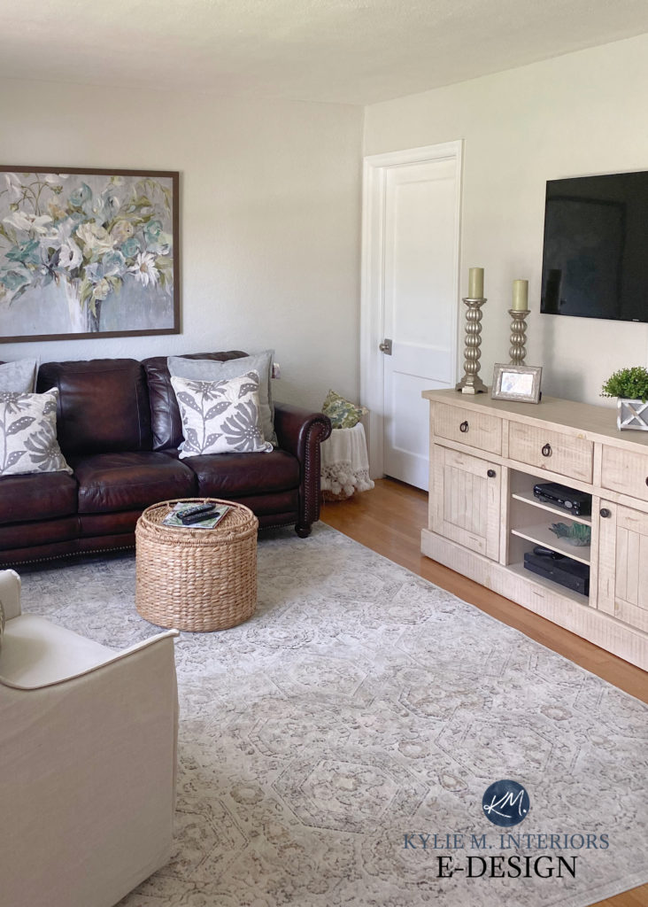Sherwin Williams Egret White, transitional style living room, warm off white greige taupe warm gray paint colour. Kylie M Interiors Edesign