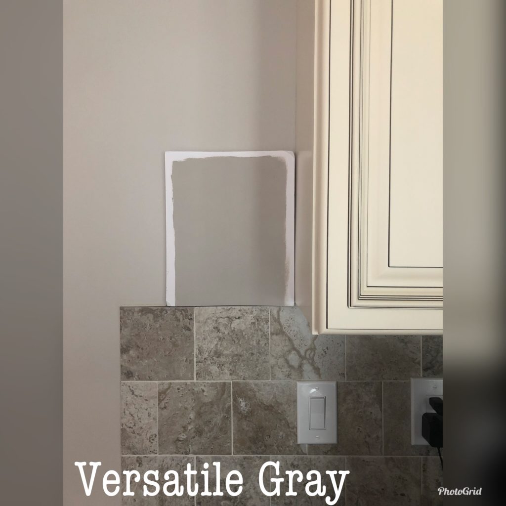 Sherwin Williams Versatile Gray best warm gray taupe greige paint colour to go with cream cabinets with glaze in kitchen, trims and travertine. Kylie M Interiors Edesign, update ideas