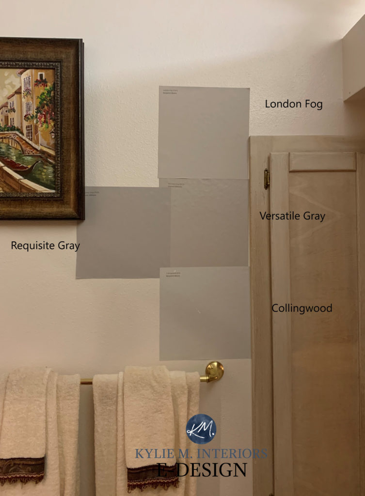 Taupe, warm gray greige paint colour comparisons. Collingwood, Sherwin Williams Versatile Gray, Requisite Gray, Benjamin Moore London Gray with light wood trim. Kylie M INteriors Edesign