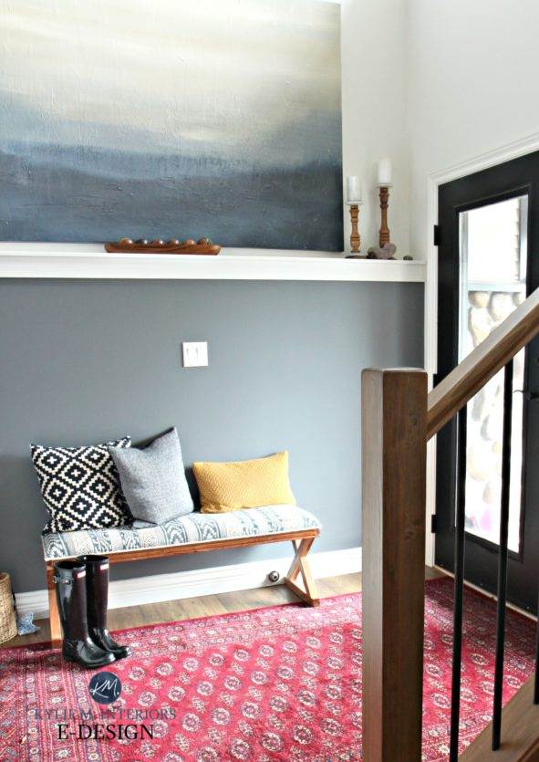 Best cool gray paint colour, Benjamin Moore Steel Wool, foyer entryway with black front door, red accent area rug. Kylie M Interiors Edesign