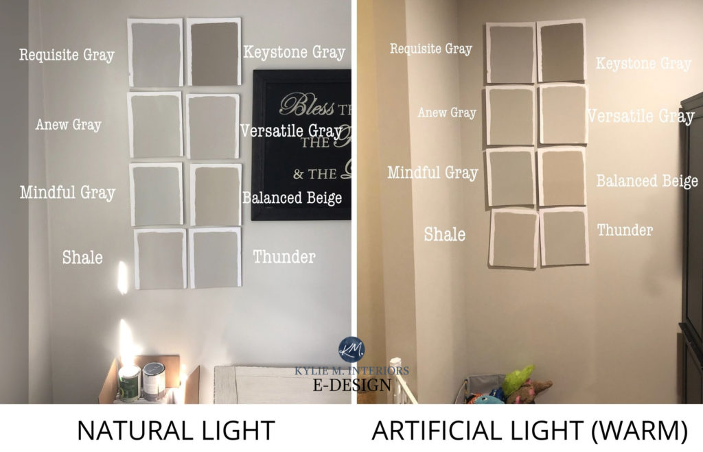 Difference between versatile gray, requisite gray, dorian gray, balanced beige, Anew Gray, Sherwin Williams best warm gray paint colours. Kylie M Interiors